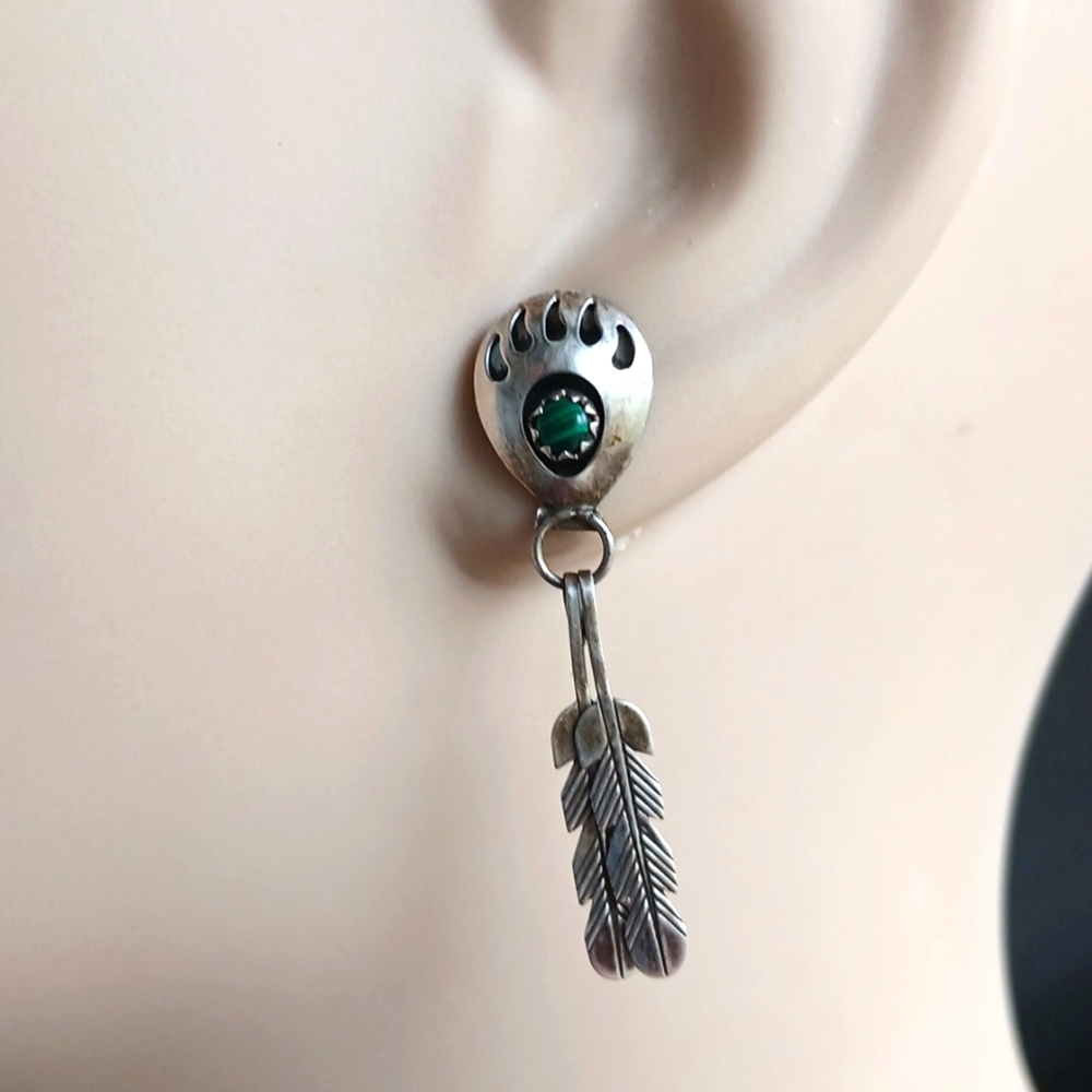 Bear Paw Sterling Shadow Box W/Feathers Malachite Earrings Vintage Authentic